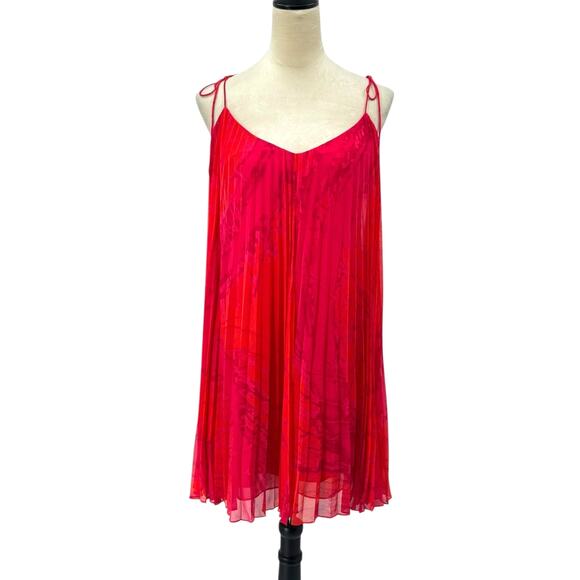 Halston Heritage Red Pink Print Accordion Pleated Flyaway A-line Mini Dress - Picture 1 of 13